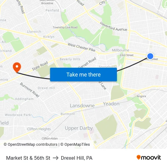 Market St & 56th St to Drexel Hill, PA map