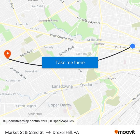 Market St & 52nd St to Drexel Hill, PA map