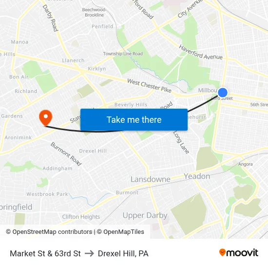 Market St & 63rd St to Drexel Hill, PA map
