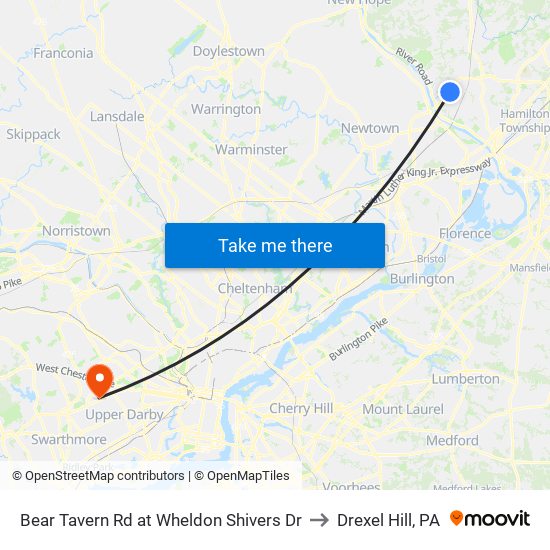 Bear Tavern Rd at Wheldon Shivers Dr to Drexel Hill, PA map