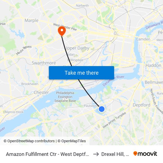 Amazon Fulfillment Ctr - West Deptford to Drexel Hill, PA map
