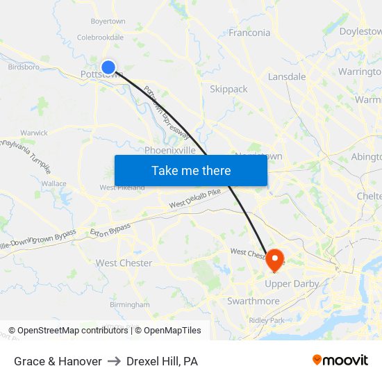Grace & Hanover to Drexel Hill, PA map