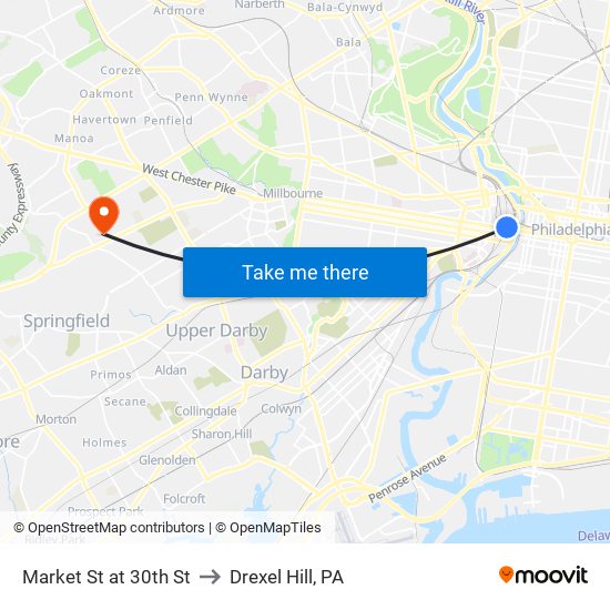 Market St at 30th St to Drexel Hill, PA map