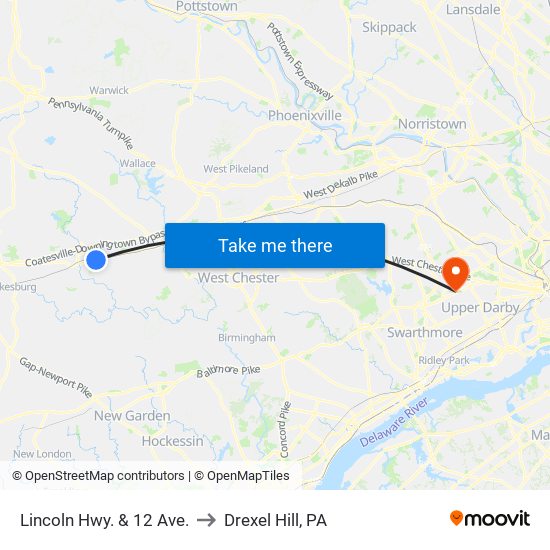 Lincoln Hwy. & 12 Ave. to Drexel Hill, PA map