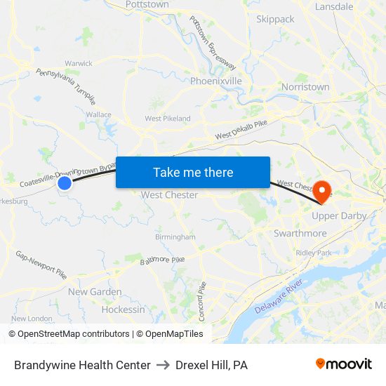 Brandywine Health Center to Drexel Hill, PA map