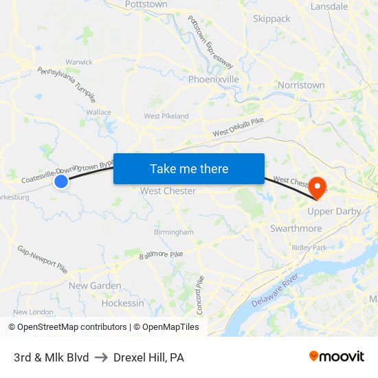 3rd & Mlk Blvd to Drexel Hill, PA map