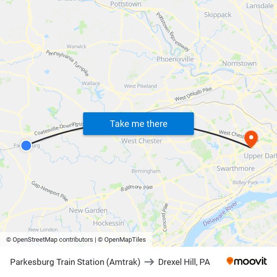 Parkesburg Train Station (Amtrak) to Drexel Hill, PA map
