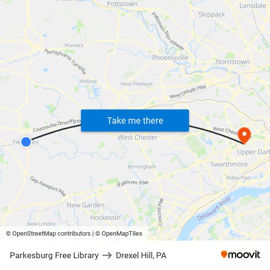 Parkesburg Free Library to Drexel Hill, PA map