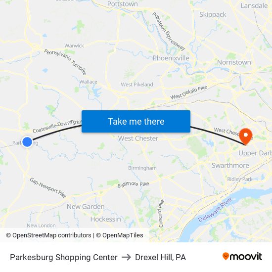 Parkesburg Shopping Center to Drexel Hill, PA map