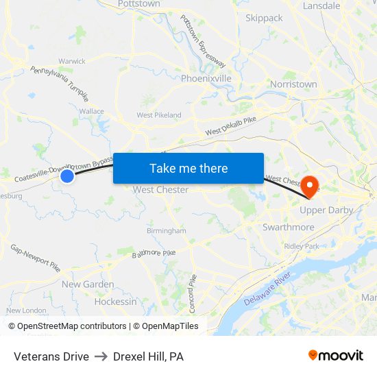 Veterans Drive to Drexel Hill, PA map