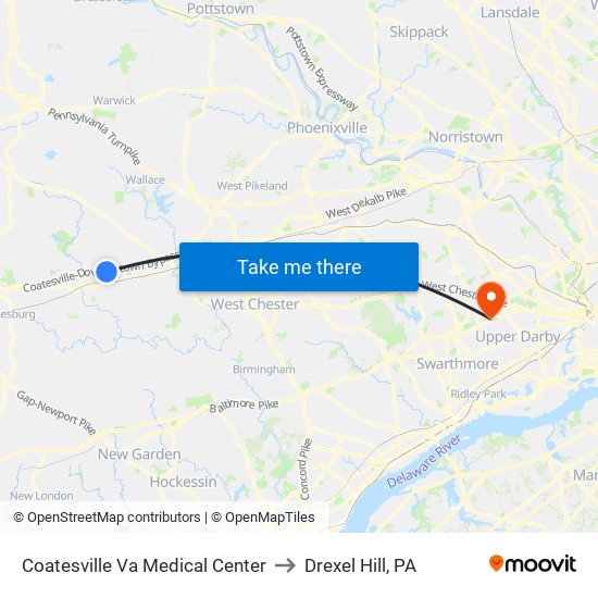 Coatesville Va Medical Center to Drexel Hill, PA map