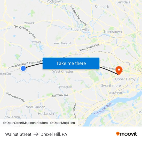 Walnut Street to Drexel Hill, PA map