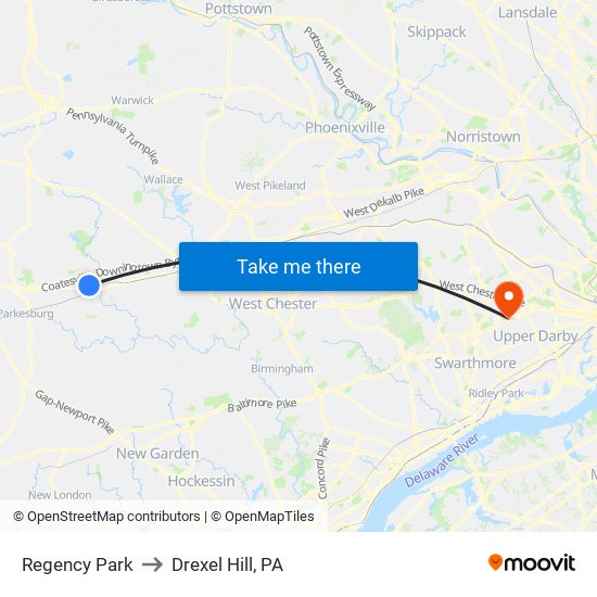 Regency Park to Drexel Hill, PA map