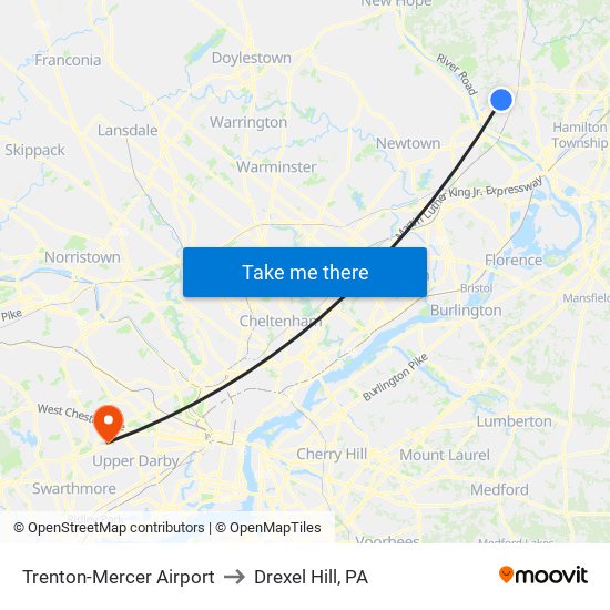Trenton-Mercer Airport to Drexel Hill, PA map