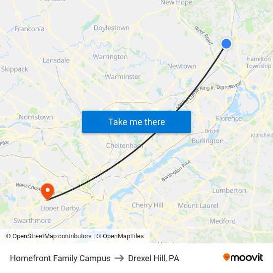 Homefront Family Campus to Drexel Hill, PA map