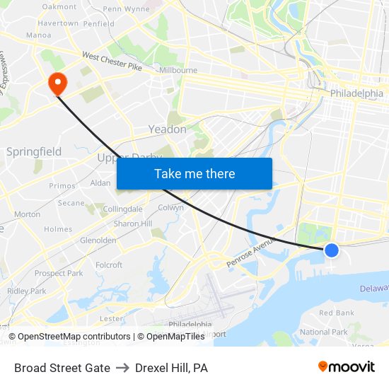 Broad Street Gate to Drexel Hill, PA map