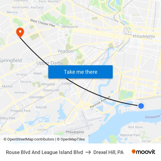 Rouse Blvd And League Island Blvd to Drexel Hill, PA map