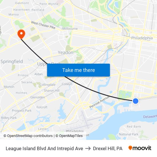 League Island Blvd And Intrepid Ave to Drexel Hill, PA map