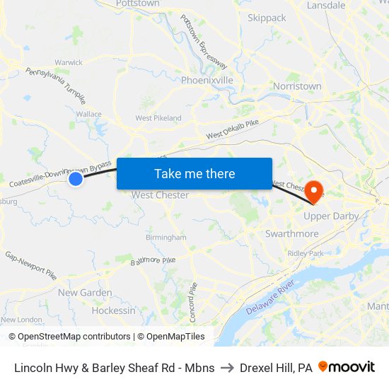 Lincoln Hwy & Barley Sheaf Rd - Mbns to Drexel Hill, PA map