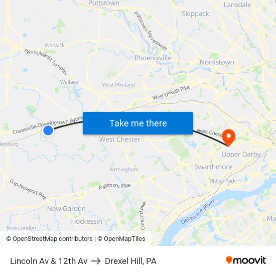 Lincoln Av & 12th Av to Drexel Hill, PA map