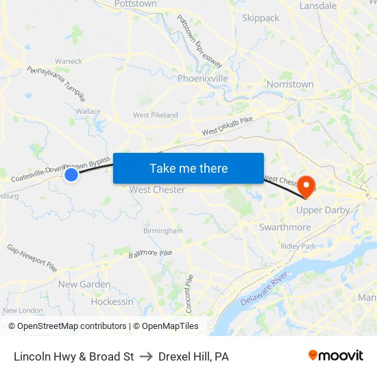Lincoln Hwy & Broad St to Drexel Hill, PA map