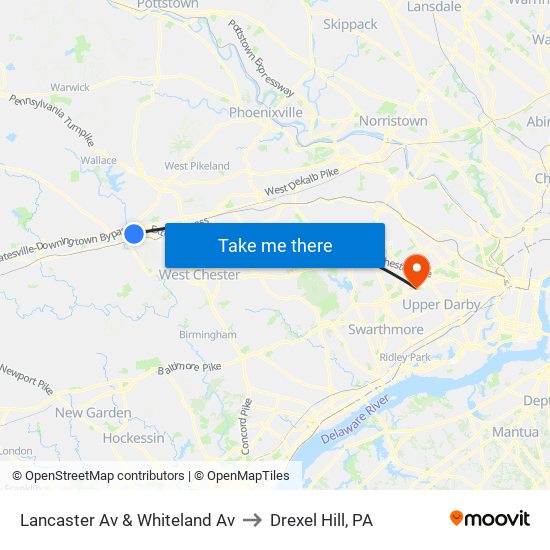 Lancaster Av & Whiteland Av to Drexel Hill, PA map