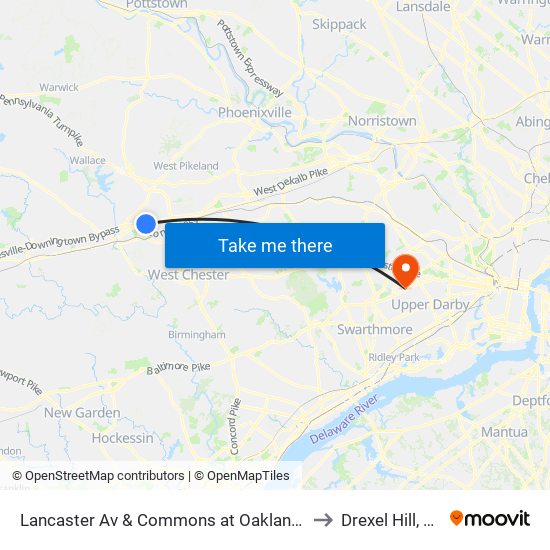 Lancaster Av & Commons at Oaklands to Drexel Hill, PA map