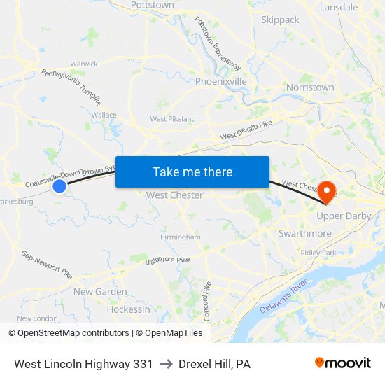 West Lincoln Highway 331 to Drexel Hill, PA map
