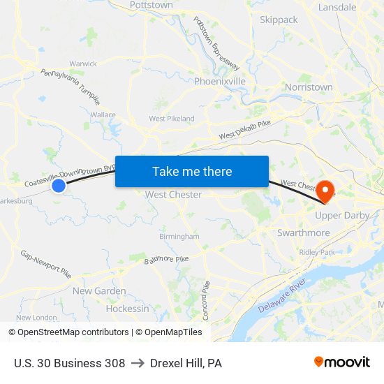 U.S. 30 Business 308 to Drexel Hill, PA map