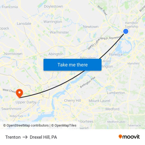 Trenton to Drexel Hill, PA map