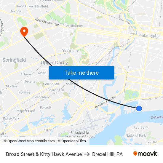Broad Street & Kitty Hawk Avenue to Drexel Hill, PA map