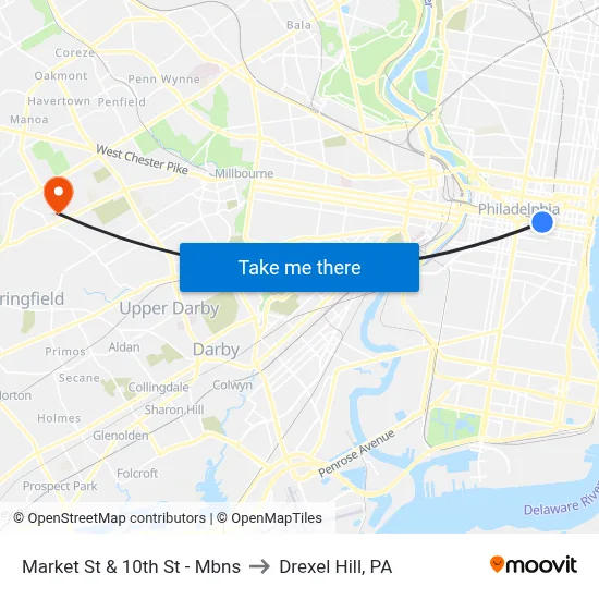 Market St & 10th St  - Mbns to Drexel Hill, PA map