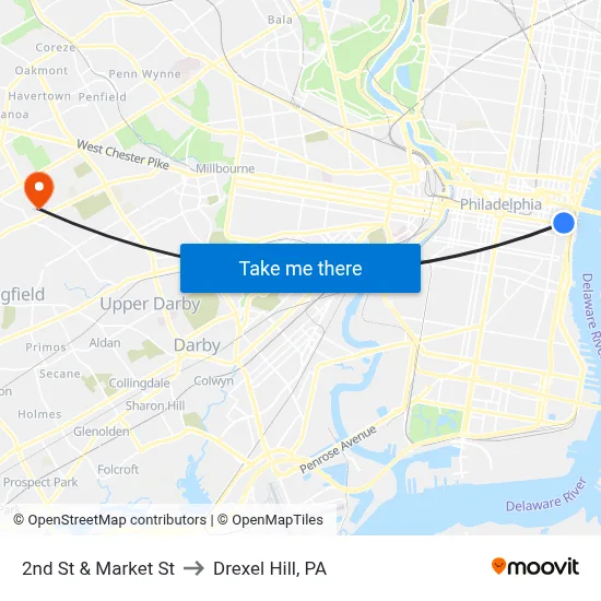 2nd St & Market St to Drexel Hill, PA map