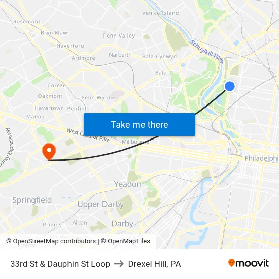 33rd St & Dauphin St Loop to Drexel Hill, PA map