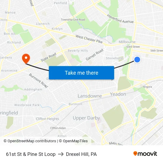 61st St & Pine St Loop to Drexel Hill, PA map