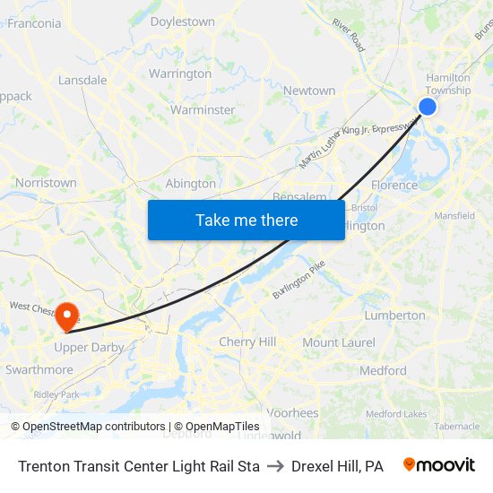 Trenton Transit Center Light Rail Sta to Drexel Hill, PA map