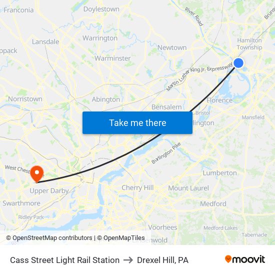 Cass Street Light Rail Station to Drexel Hill, PA map