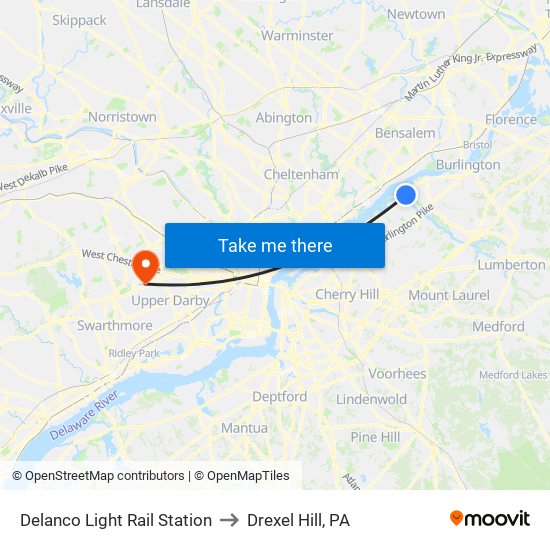 Delanco Light Rail Station to Drexel Hill, PA map