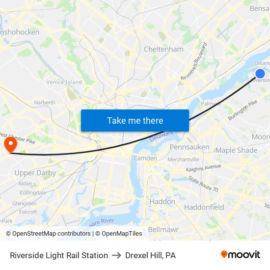 Riverside Light Rail Station to Drexel Hill, PA map