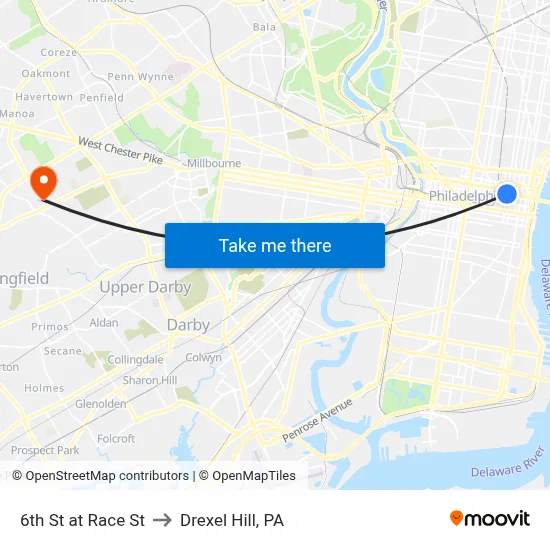 6th St at Race St to Drexel Hill, PA map