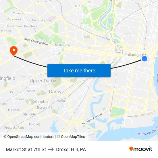Market St at 7th St to Drexel Hill, PA map