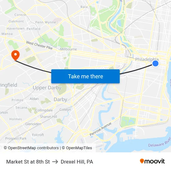 Market St at 8th St to Drexel Hill, PA map