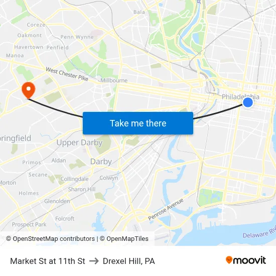 Market St at 11th St to Drexel Hill, PA map