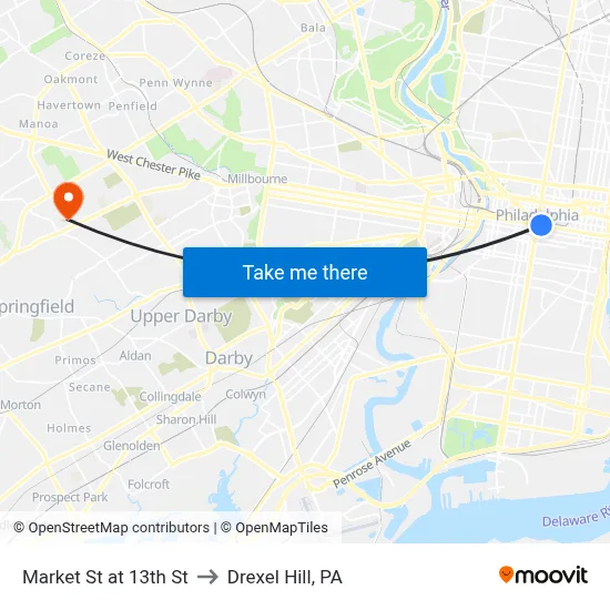 Market St at 13th St to Drexel Hill, PA map