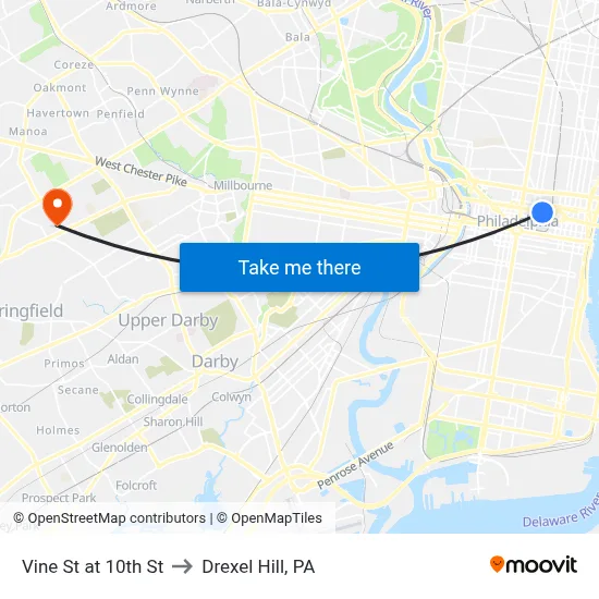 Vine St at 10th St to Drexel Hill, PA map