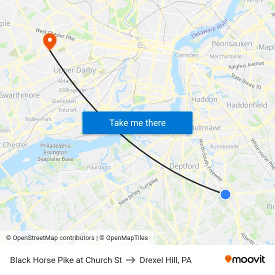 Black Horse Pike at Church St to Drexel Hill, PA map