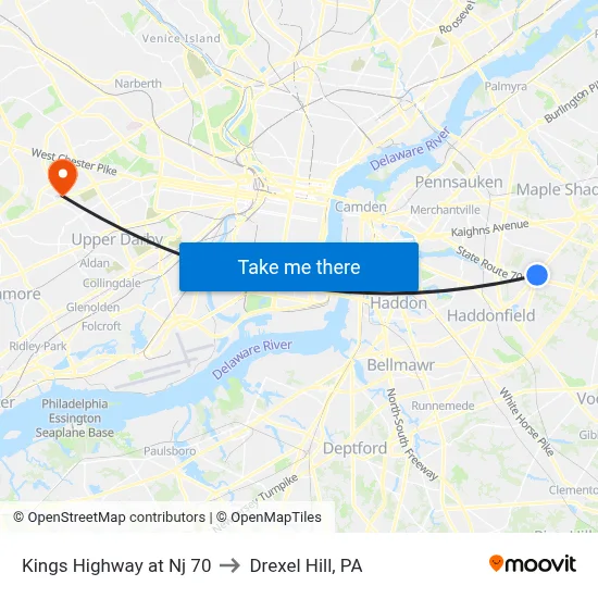 Kings Highway at Nj 70 to Drexel Hill, PA map