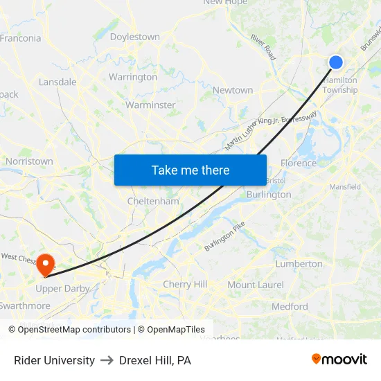 Rider University to Drexel Hill, PA map