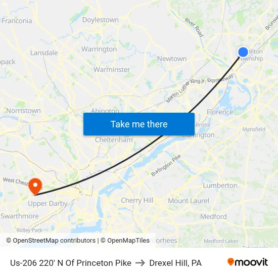 Us-206 220' N Of Princeton Pike to Drexel Hill, PA map