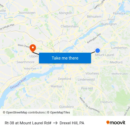 Rt-38 at Mount Laurel Rd# to Drexel Hill, PA map